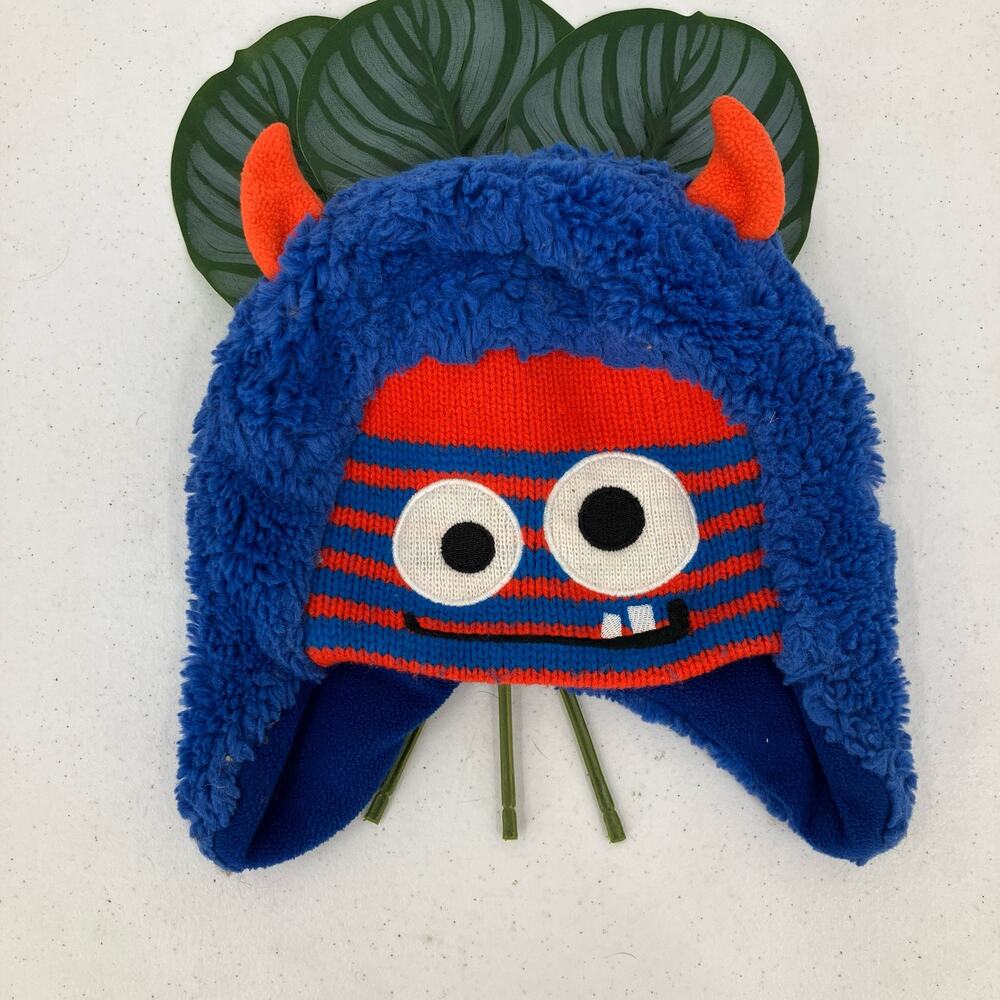 Target Blue Orange Fleece Faux Sherpa Embroidered Monster Ear Flap Beanie Hat